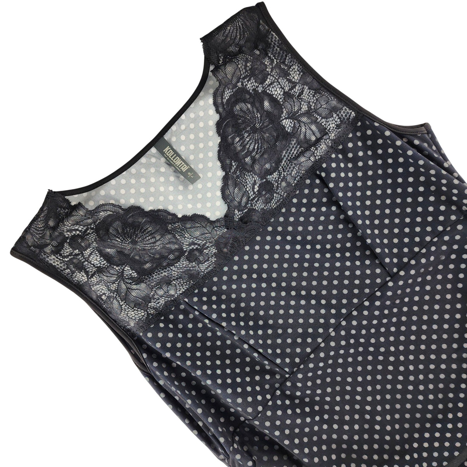 Kollontai Polka Dot Dress Womens Large Black White Lace Mesh Ruched Nylon Blend
