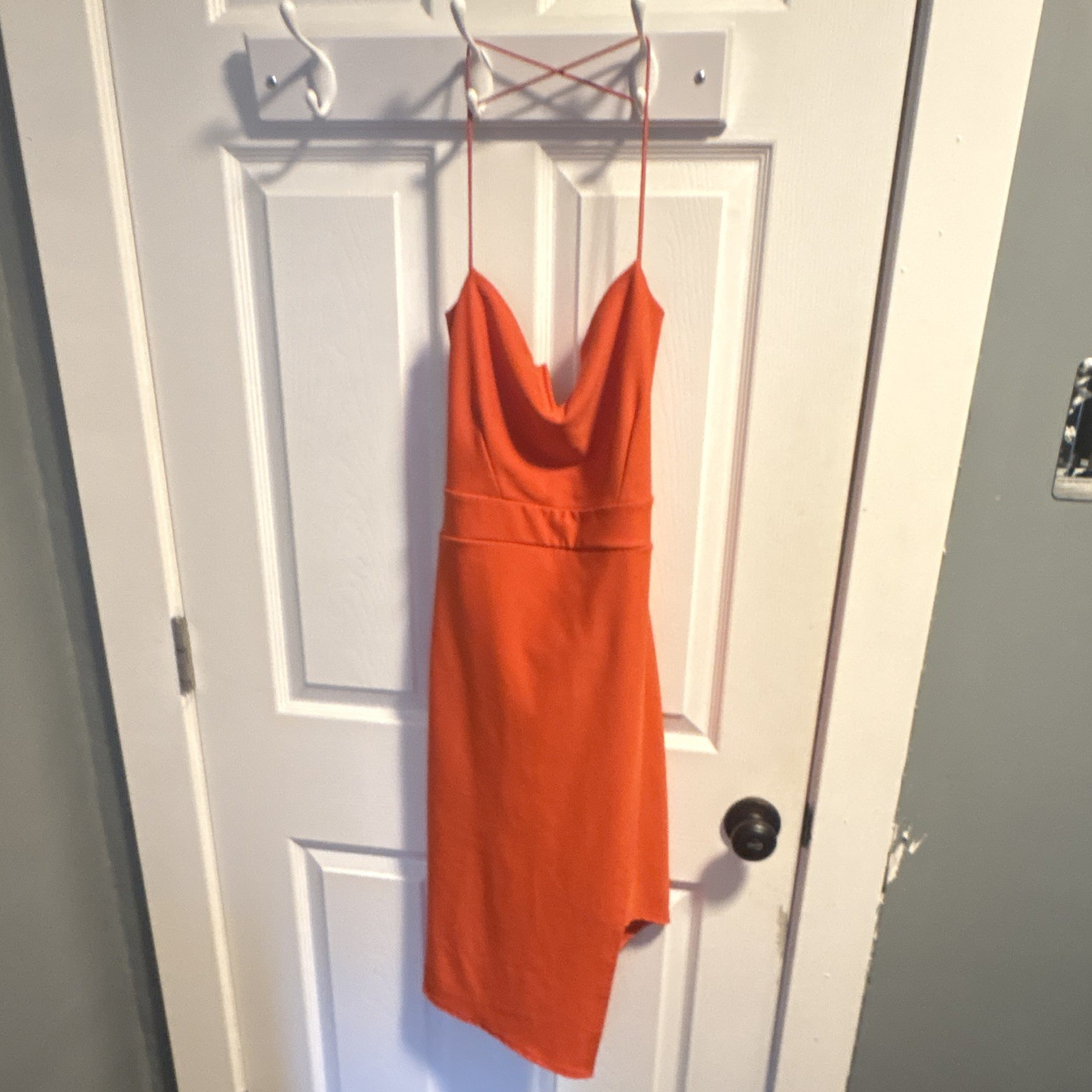 Pink Boutique Orange Bodycon Mini Dress V-Neck Asymmetric Spaghetti Strap XS/S