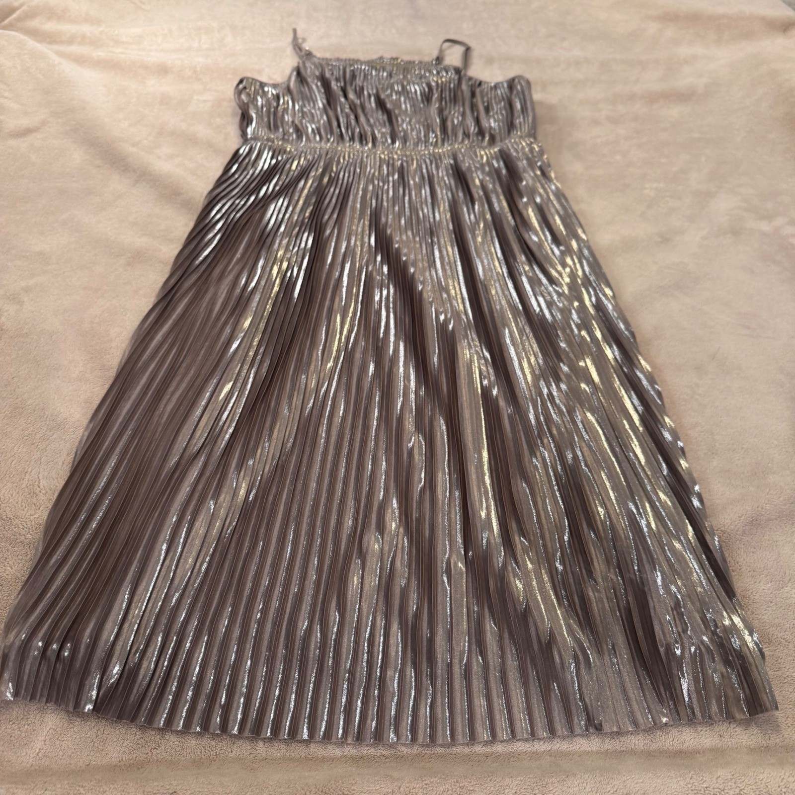 Classy Disco Party Metallic Silver Pleated Midi Dress Wedding Cocktail Sz 10P