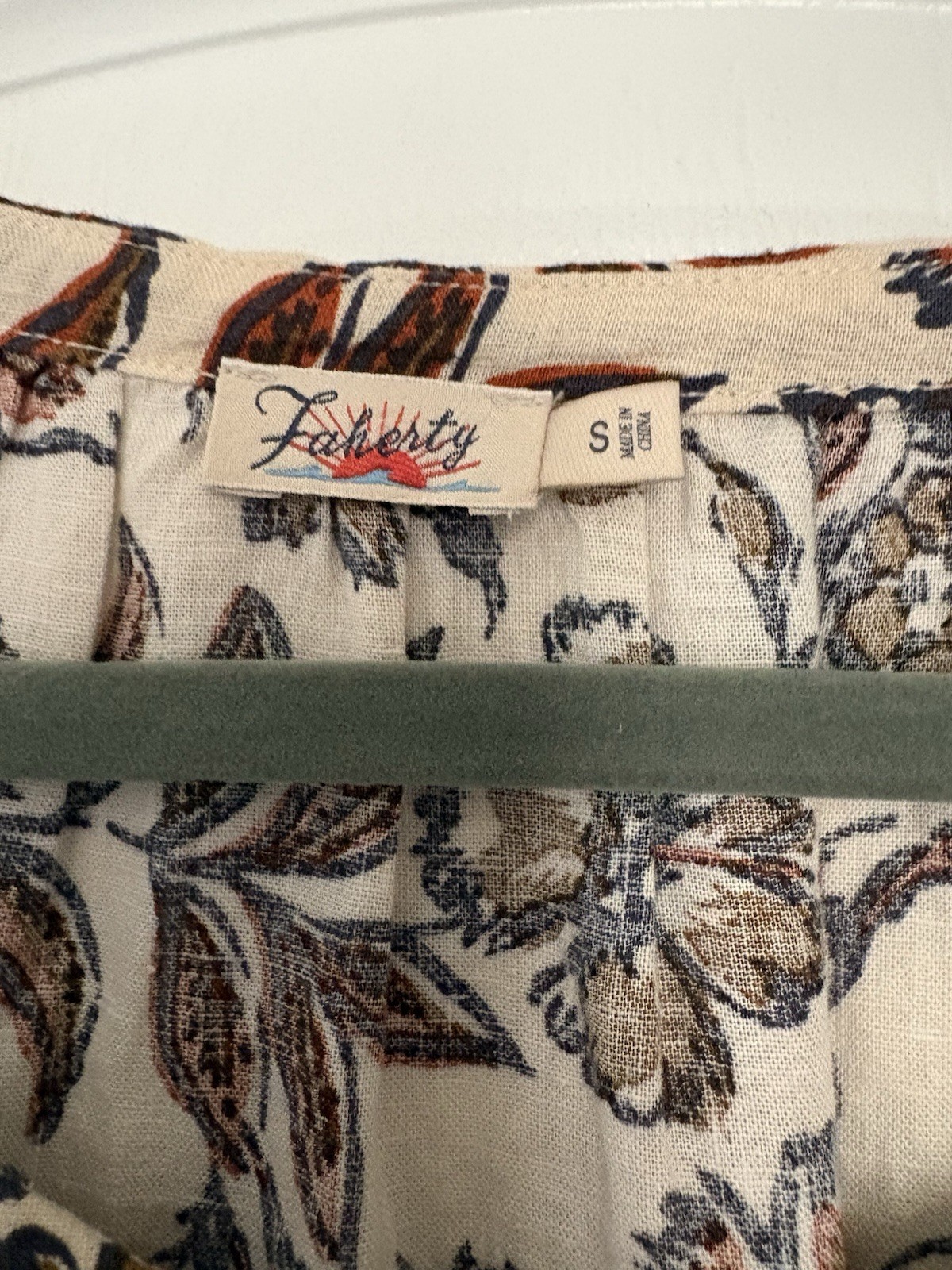 Faherty Women’s S Ivory Floral Linen V-Neck Puff Sleeve Tie Waist A-Line Dress