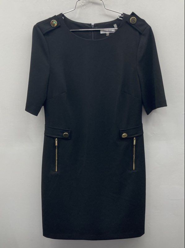 Calvin Klein Women’s Black Sheath Dress Gold Button Zipper Epaulette Size 8