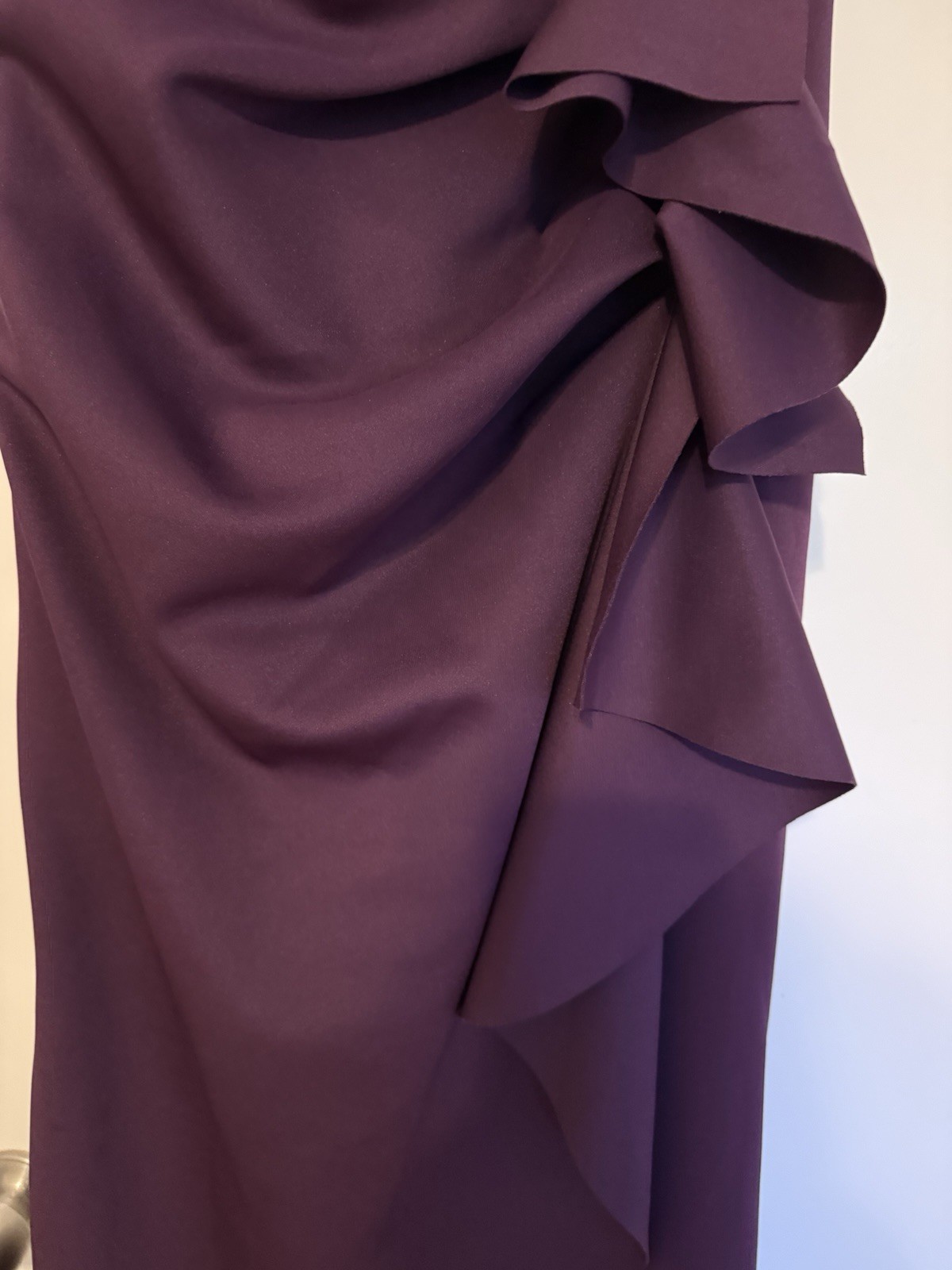 Xscape Purple Solid Off Shoulder Ruffle Ruched Long Formal Gown Dress 8
