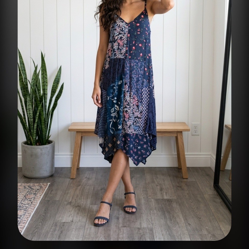 JADED gypsy S/M Navy Floral Patchwork ADJUSTABLE Strap Dress NWT
