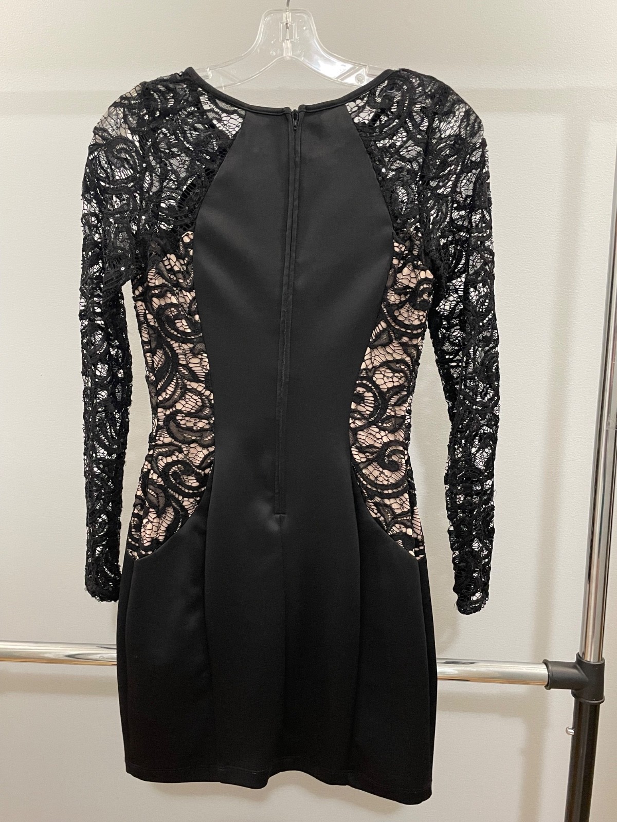 BCX Black Lace w/Sequin Bodycon Long Sleeve Dress, Nude Lined Panels Junior’s 7