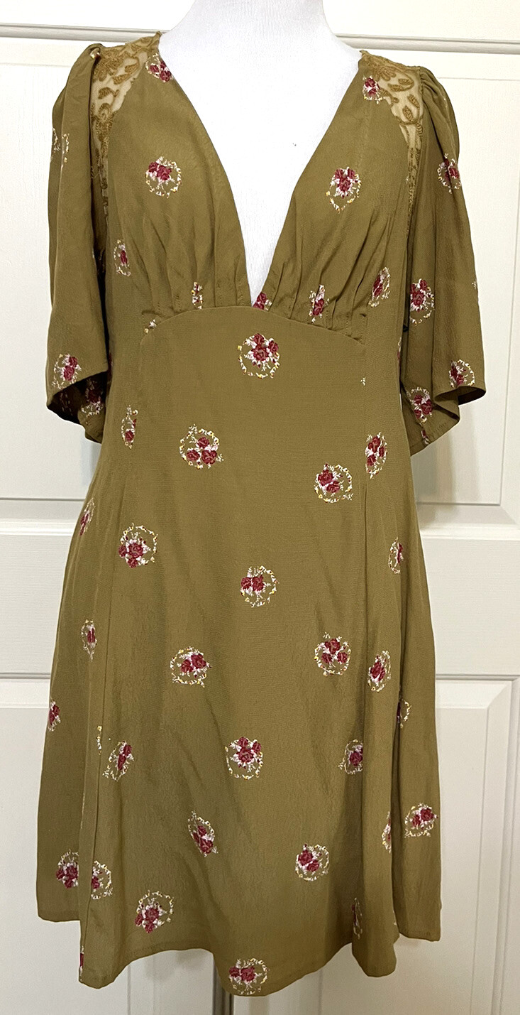 NWT Free People size 6 clove comb v-neck short sleeve A-line dress $128