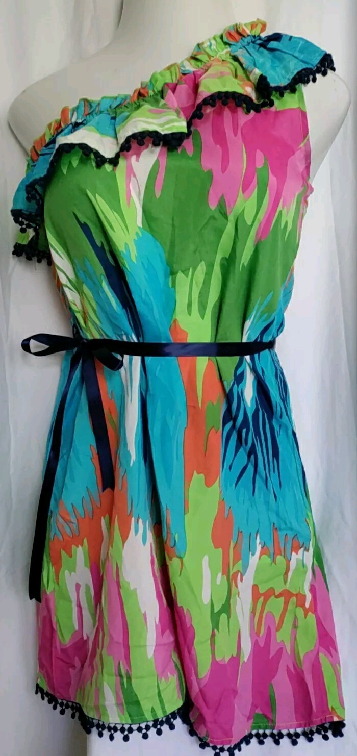 Mud Pie NWT Watercolor 1 Shoulder Ruffle pom-pom Crochet Beach Dress Sz Medium