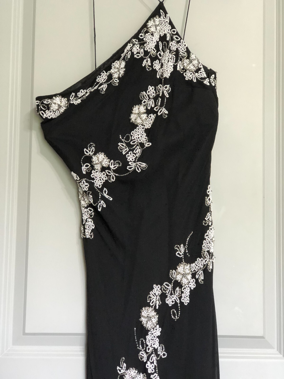 Vintage SCALA 100% Silk Beaded Dress Black Floral Asymmetric Hem Prom Formal L.