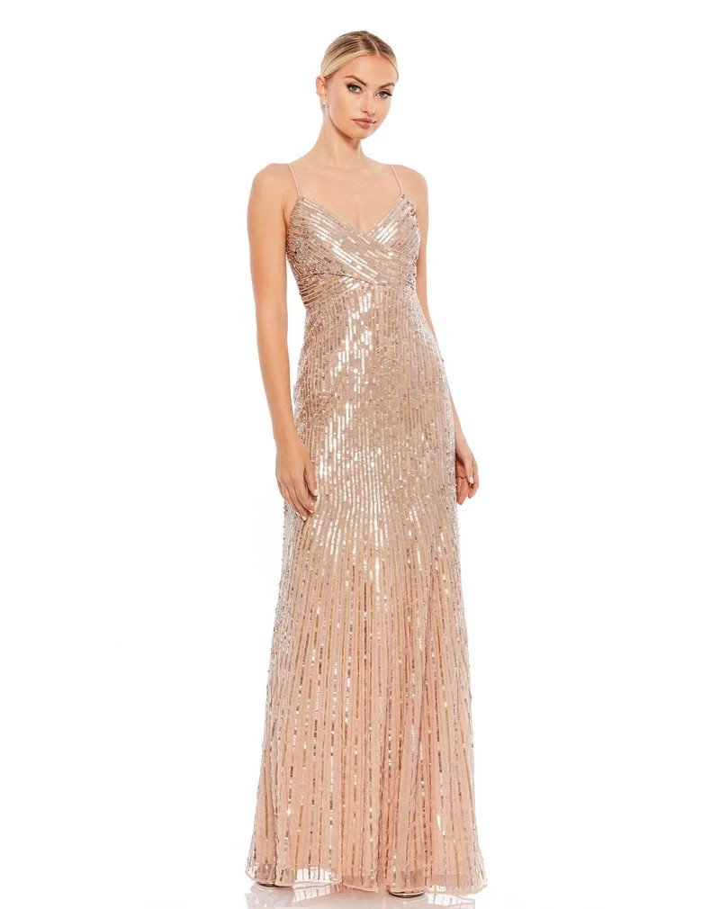 Mac Duggal Gold Nude Sequin Beaded Spaghetti Strap Gown Dress Size 12 $498
