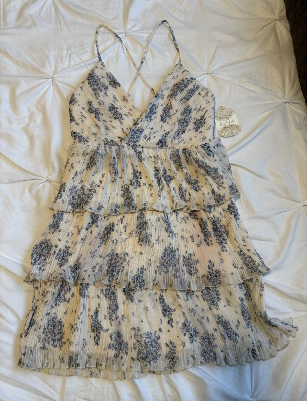 Altar’d State Women’s M Ivory/Blue Floral Chiffon Ruffle Mini Dress Strappy