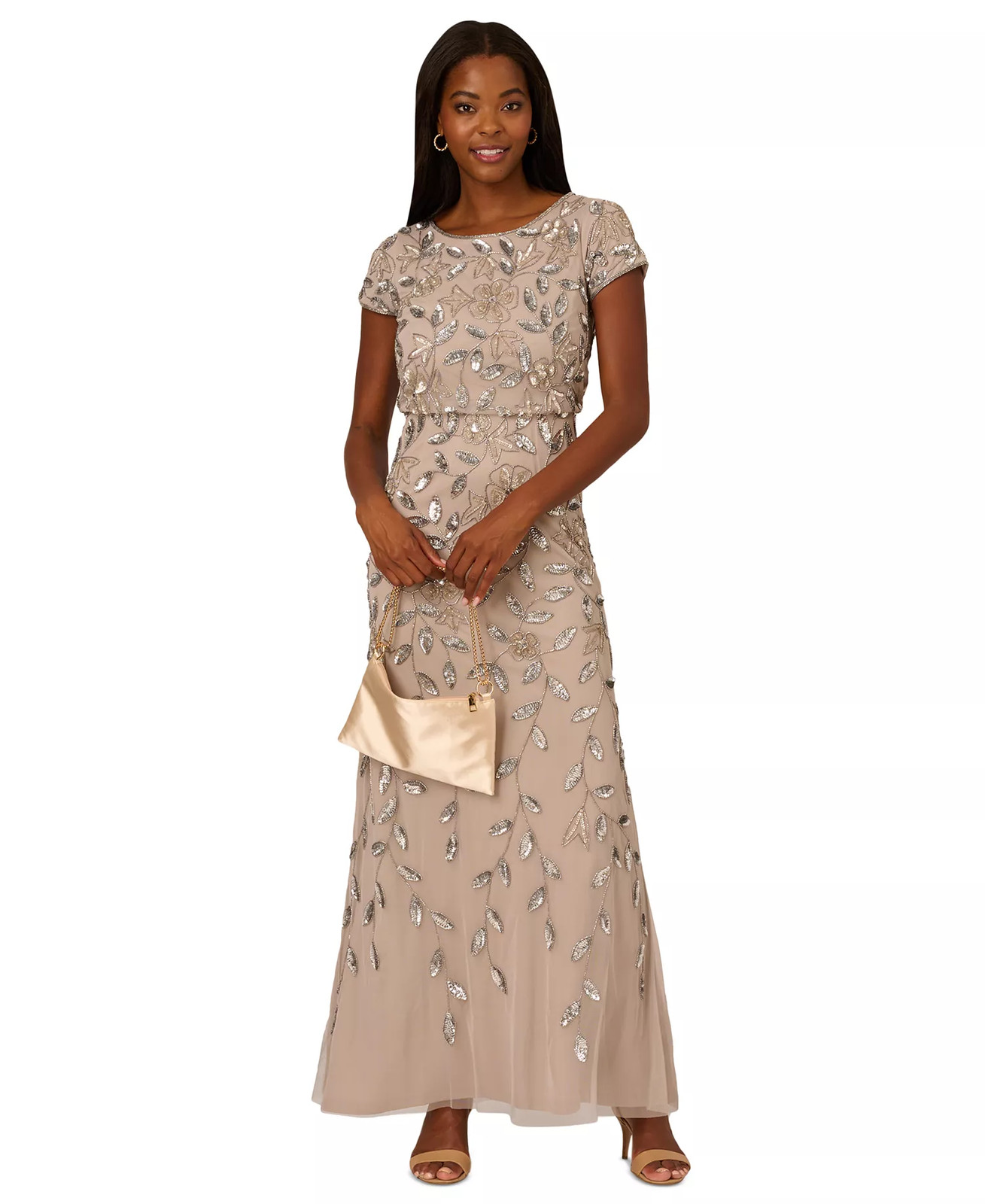 Adrianna Papell Beaded Gown Womens 6 Beige Mesh Sequin Wedding Mother of Bride