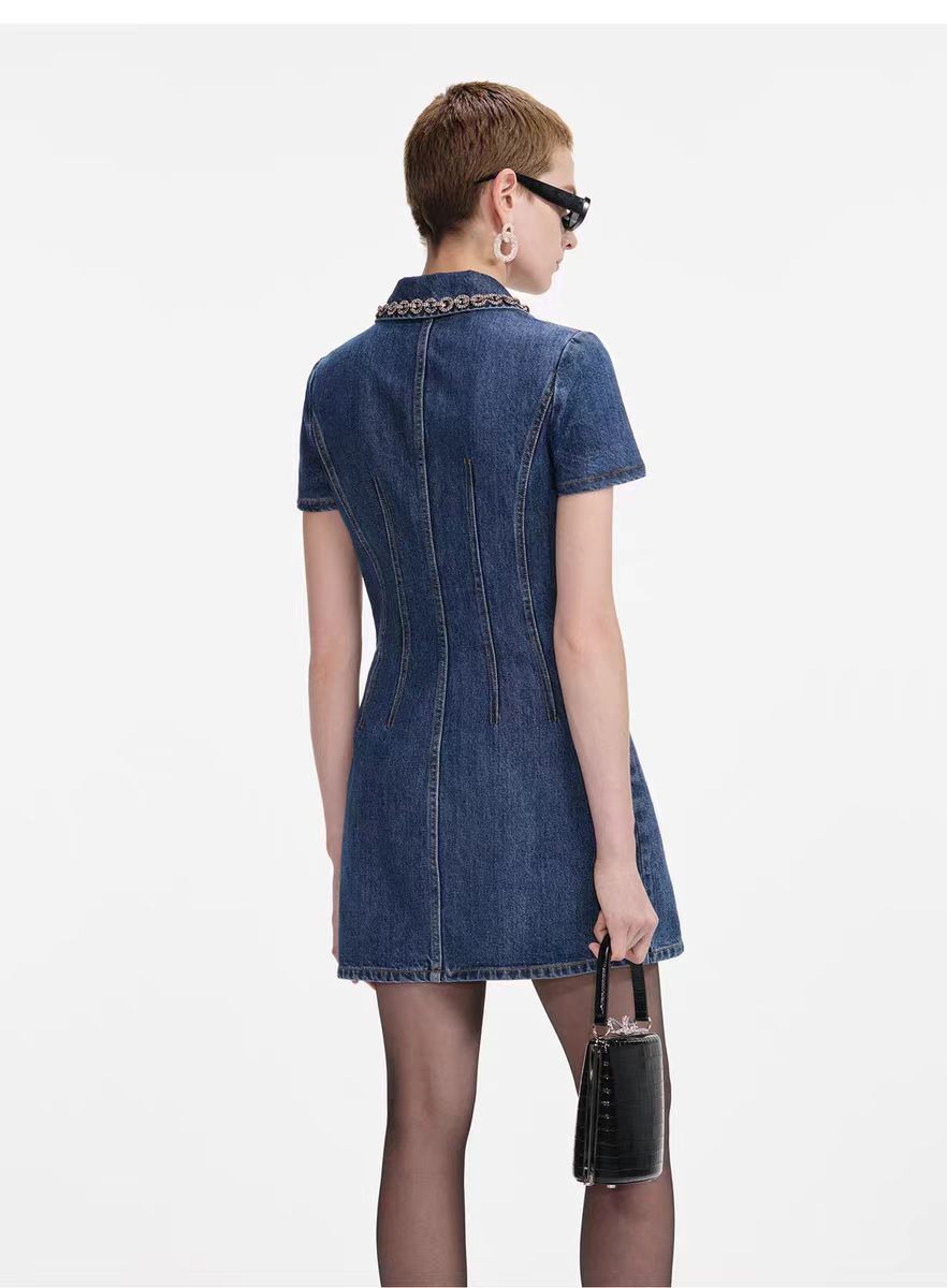 Self-Portrait Flip collar Diamond setting Single-row buckle Denim Dresses