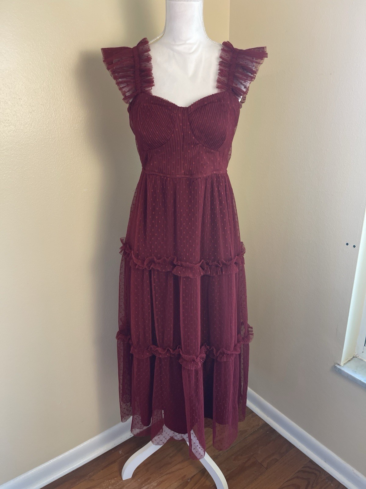 Whimsy Goth Burgundy Mesh Bustier Midi Dress M Swiss Dot Tiered Skirt Fairycore