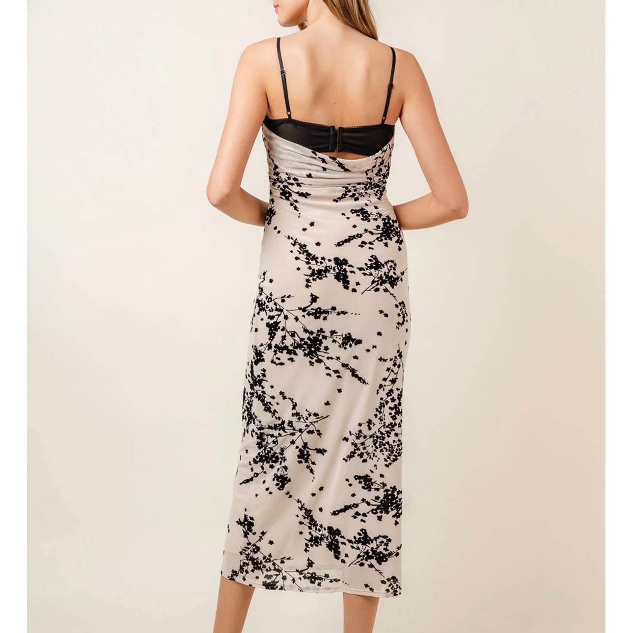 FORE Floral Velvet Mesh Cowl Neck Midi Bodycon Dress Womens Small Cream Black
