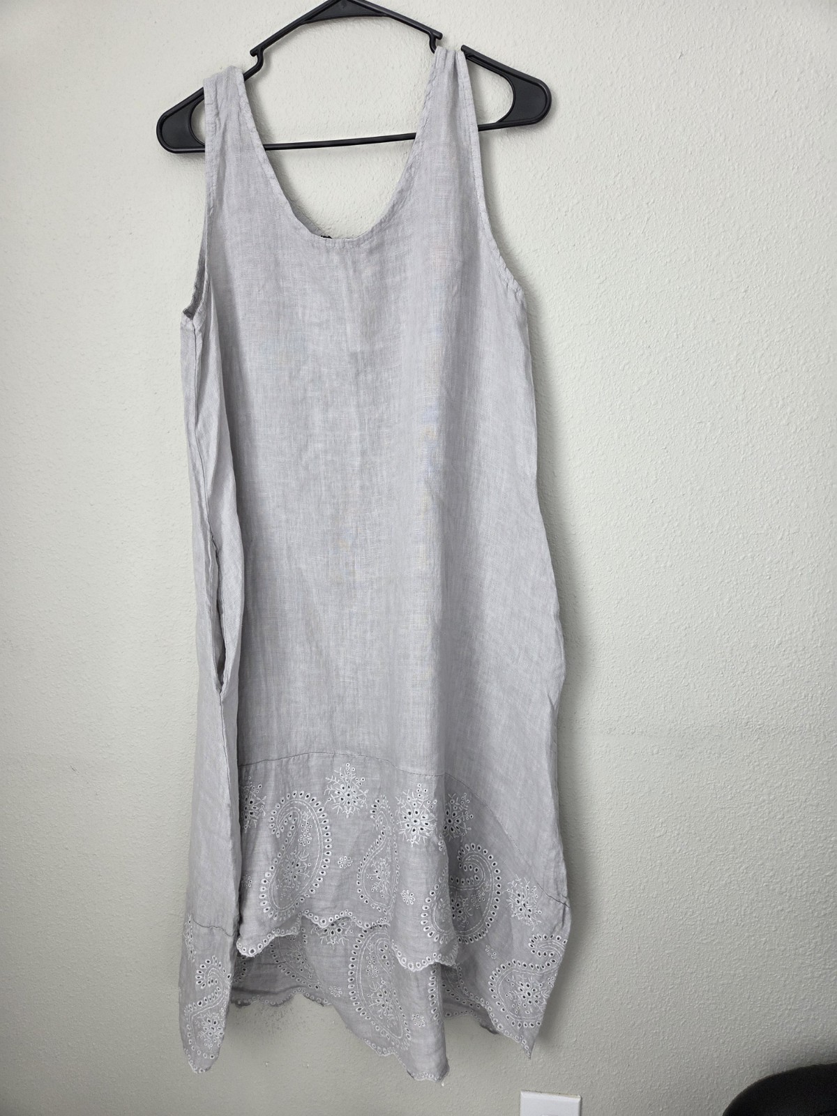 Puro Lino Dress Gray 100% Linen Braided Trim Coastal Breathable Made in Italy