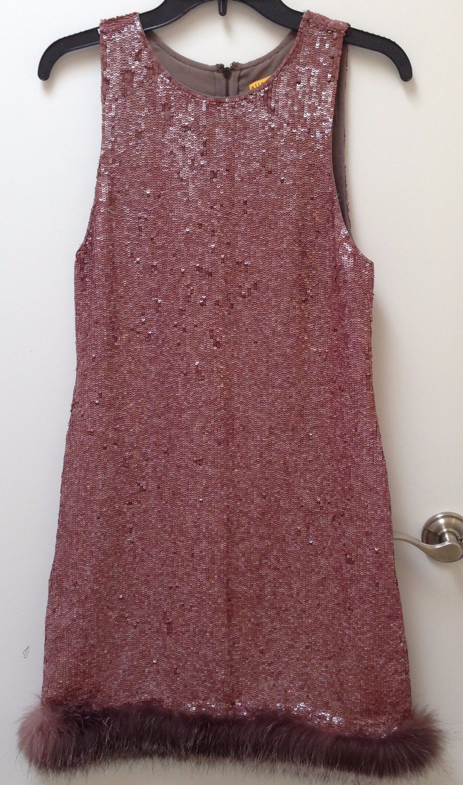 Alice and Olivia bronze mocha sequined fur hem sleeveless cocktail dress US 4