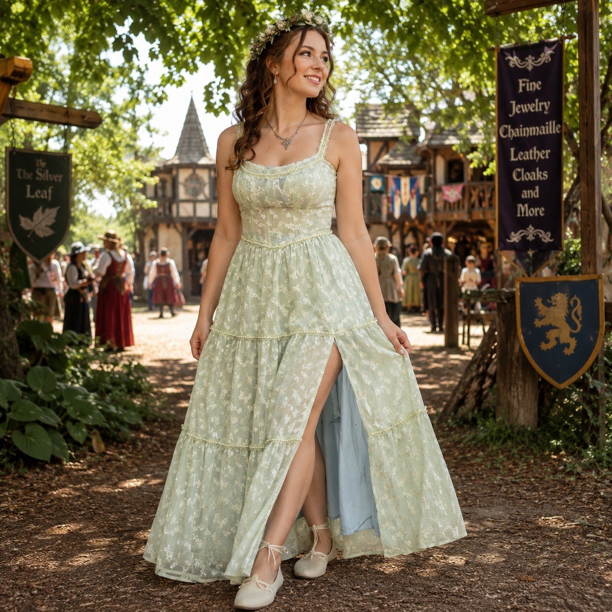 Green Floral Burnout Maxi Dress Pearl Trim Ruffle Strap High Slit Green Blue M