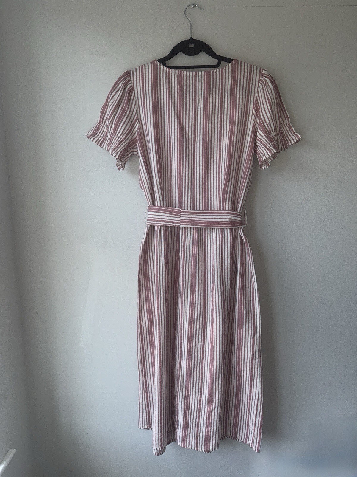Studio Pink & White Striped Cotton Midi Dress Size UK 10 Button Front Tie Waist