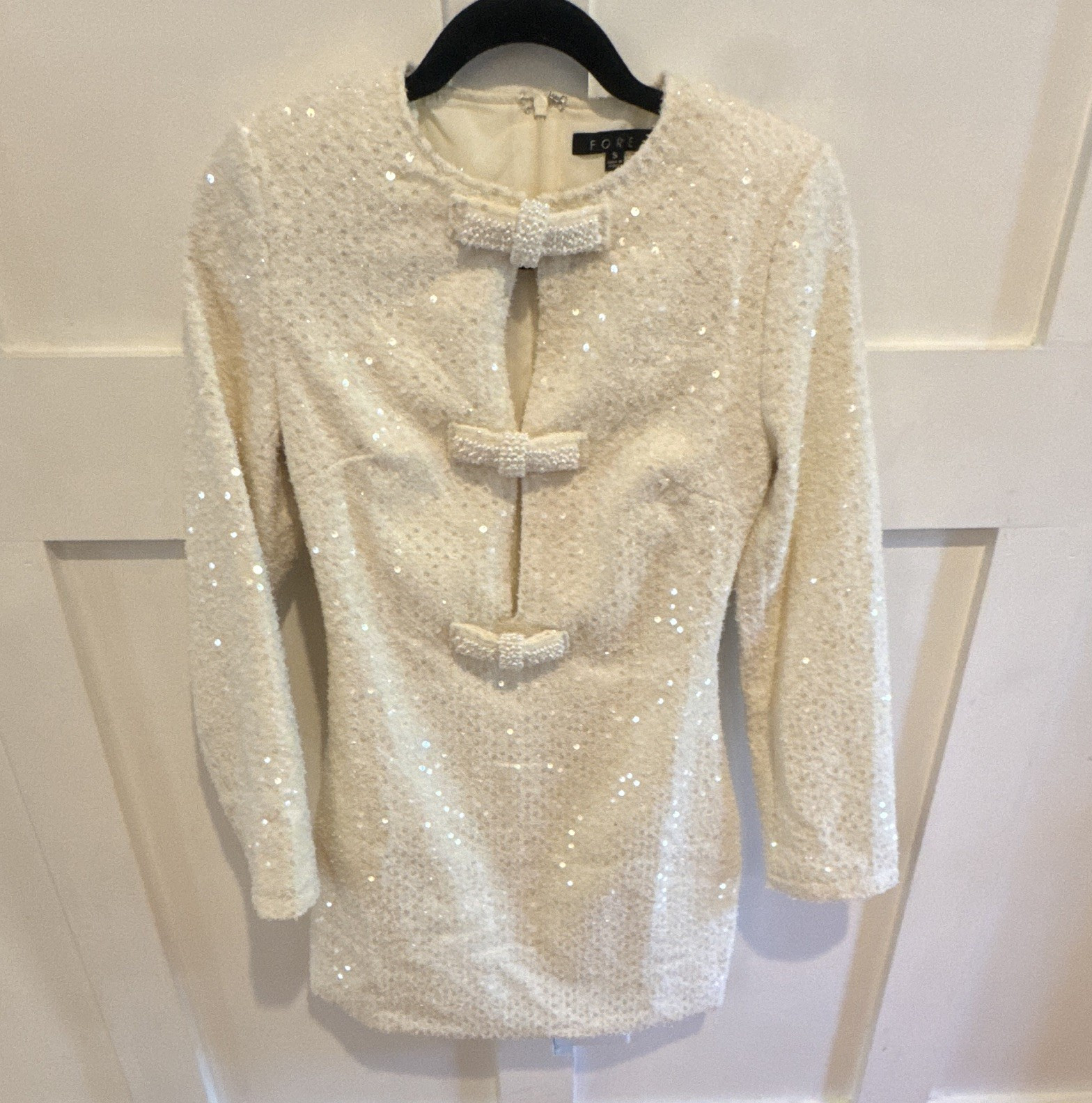 Fore White Sequin Tweed Bow Mini Dress Round Neck Long Sleeve Zip S