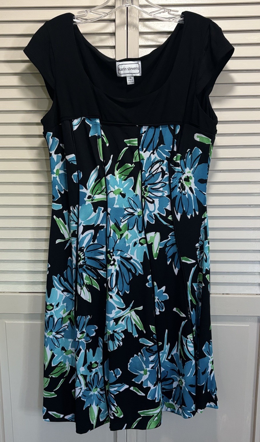 Karin Stevens Floral Blue/Black Short Cap Sleeve Above Knee Dress Size 14