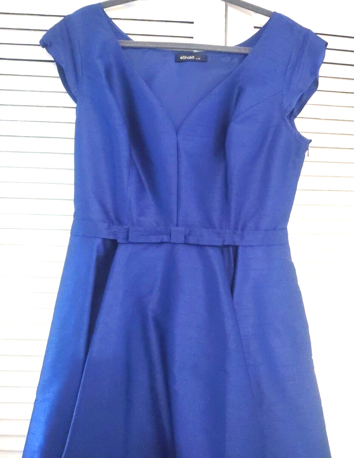New eShakti Midi A-Line Dress L 14 Blue Taffeta Lined front Bow Belt Pockets Fit