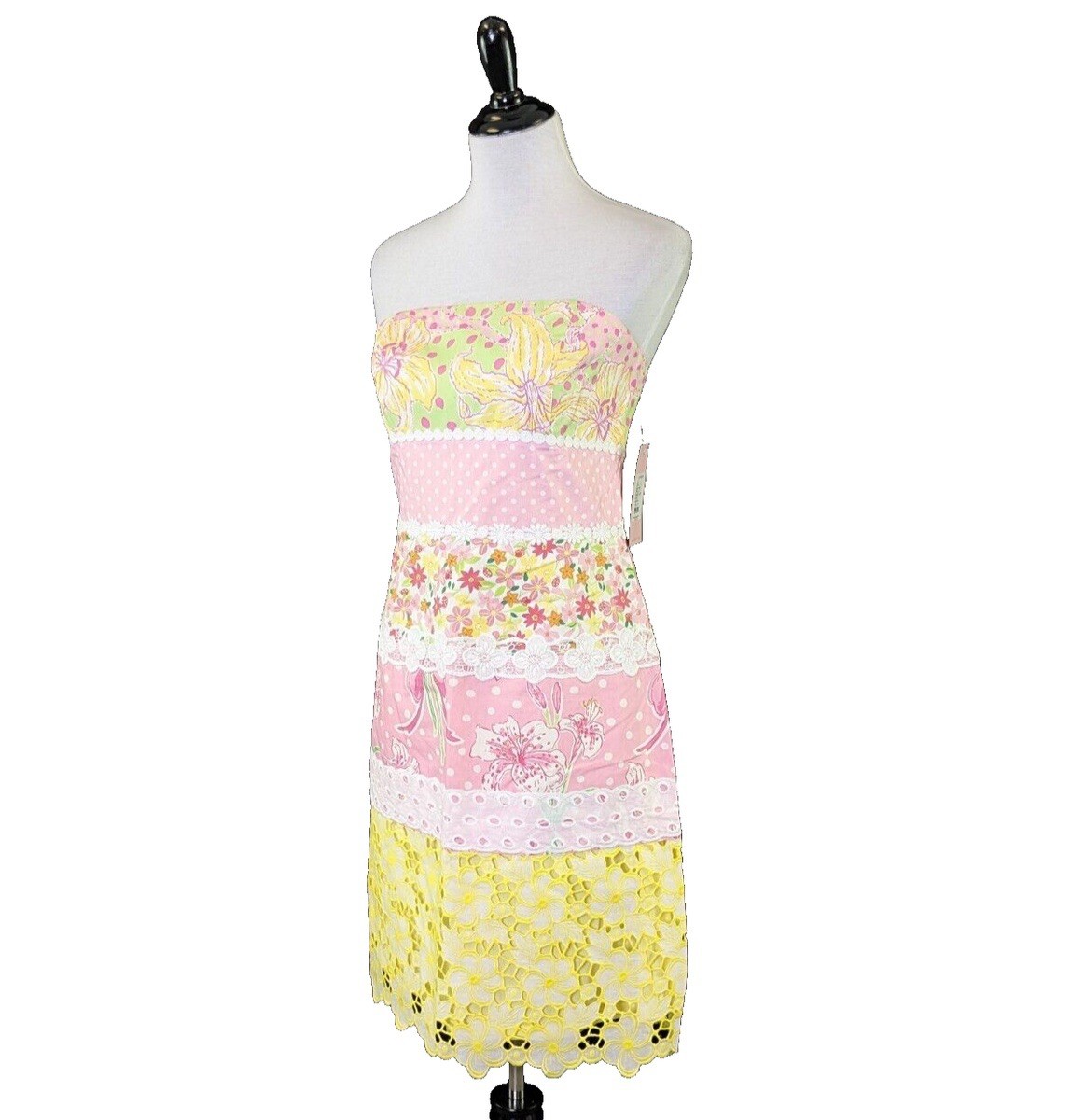 Lilly Pulitzer Strapless Floral Lace Sheath Knee Dress Lined Sz 2 Pink Yellow