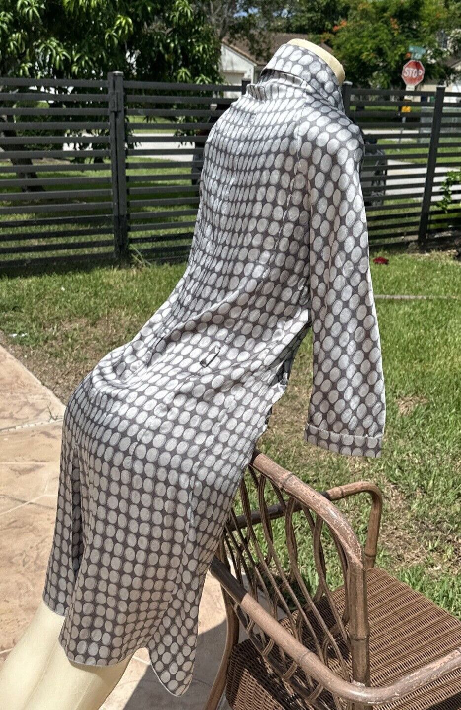 MALO GRAYS SILK PRINT BUTTON FRONT 3/4 SLEEVES CASUAL DRESS Sz 40 MADE IN ITALY