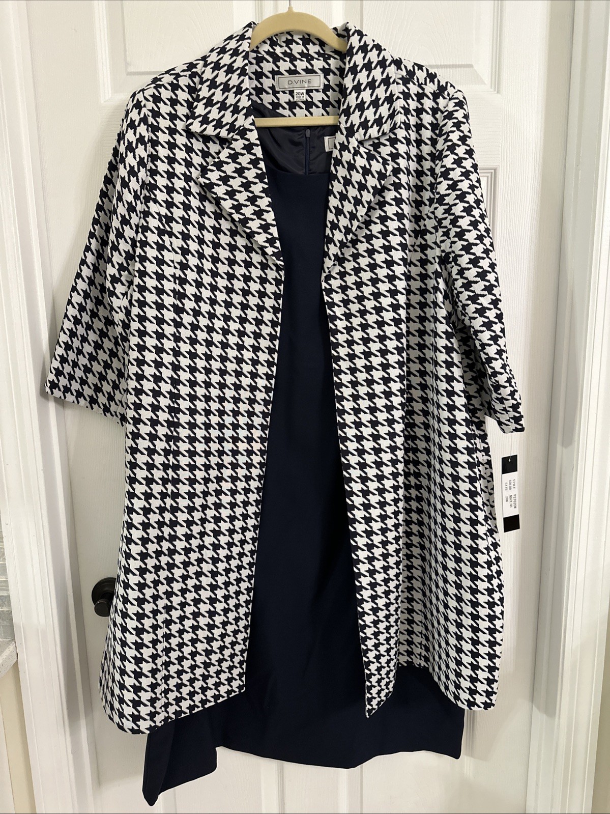 D.VINE Navy White Houndstooth 2 Piece Jacket & Sheath Dress Set SZ 20W NWT