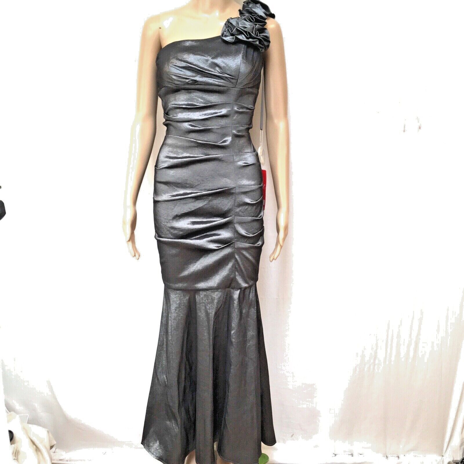 Dancing Queen women’s Dress Sz S. Silver shimmering Fabric. Long with scarf