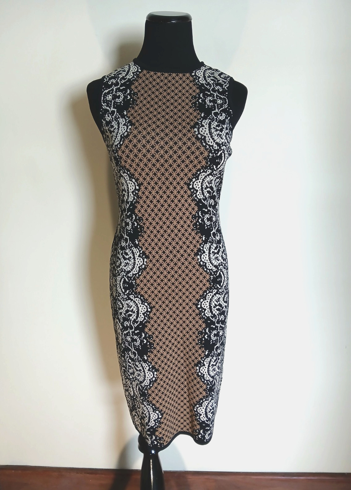 CB Established Beige, Black & Tan Brown Knit Sleeveless Pullover Dress Size S