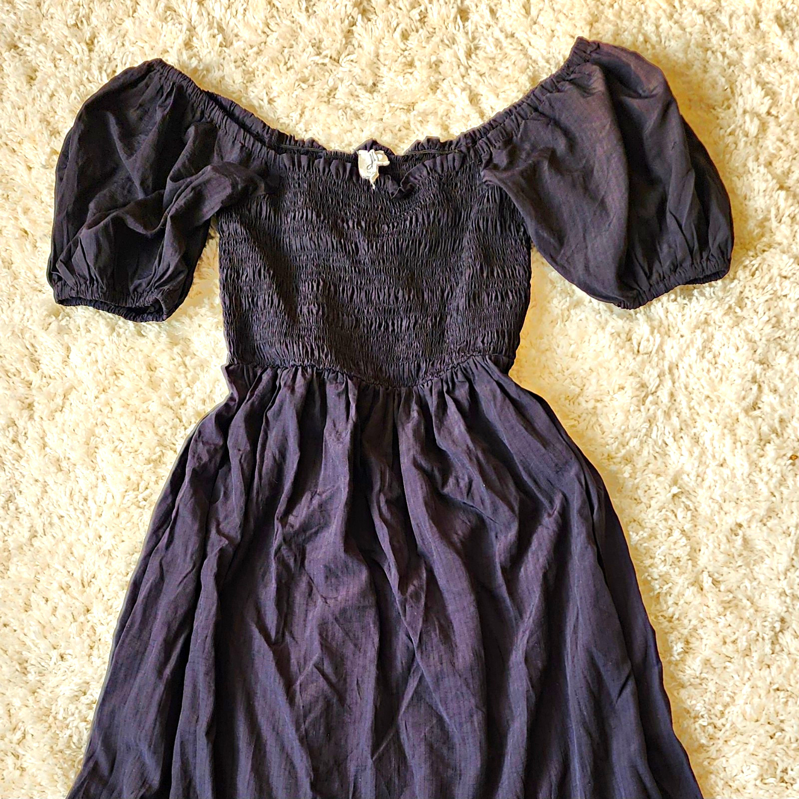 dRA Los Angeles (Anthropologie) Black Off Shoulder Smocked Puff Sleeve Dress, M