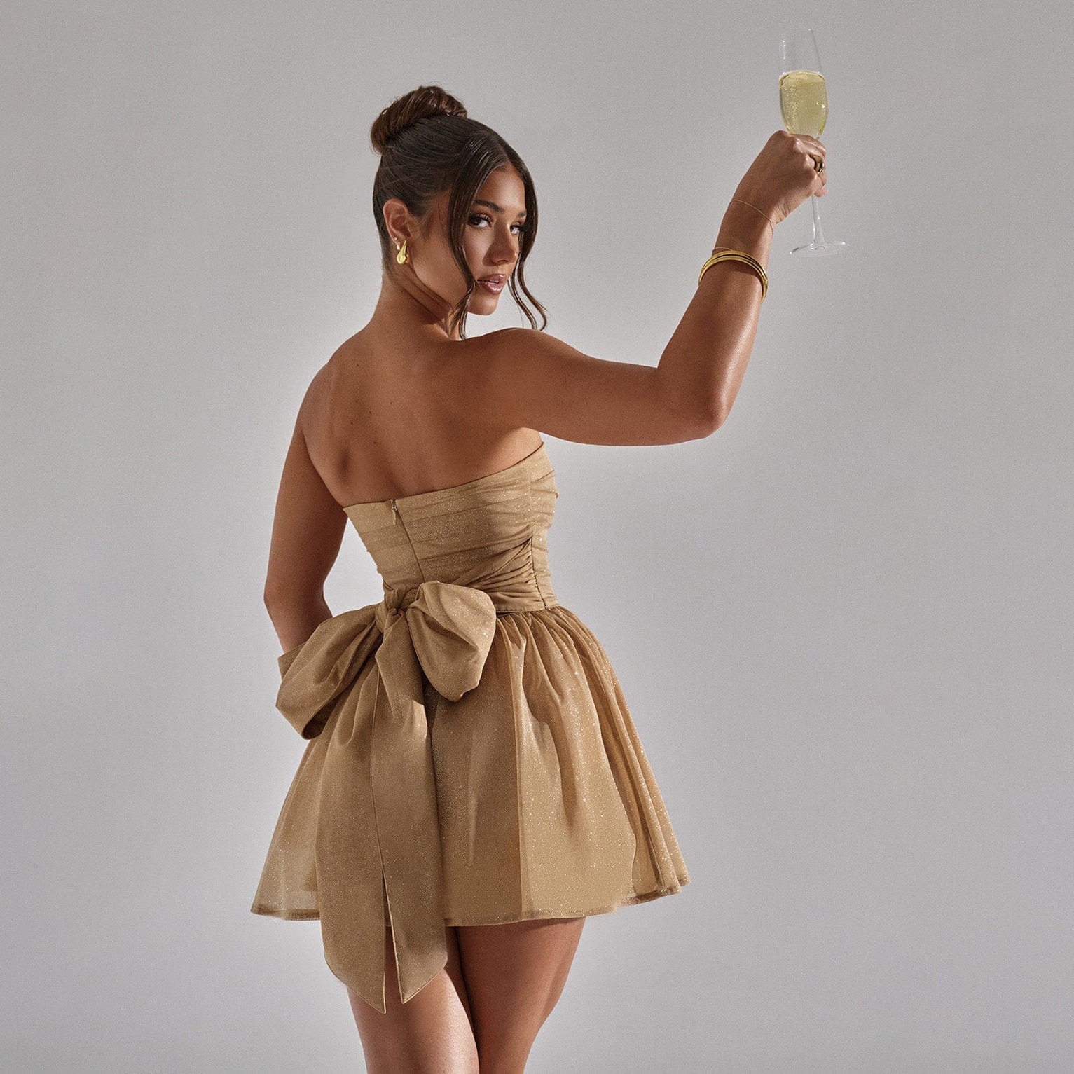 Womens Strapless Sequin Mesh Mini Dress Lace Bow-Back Party Cocktail Dress