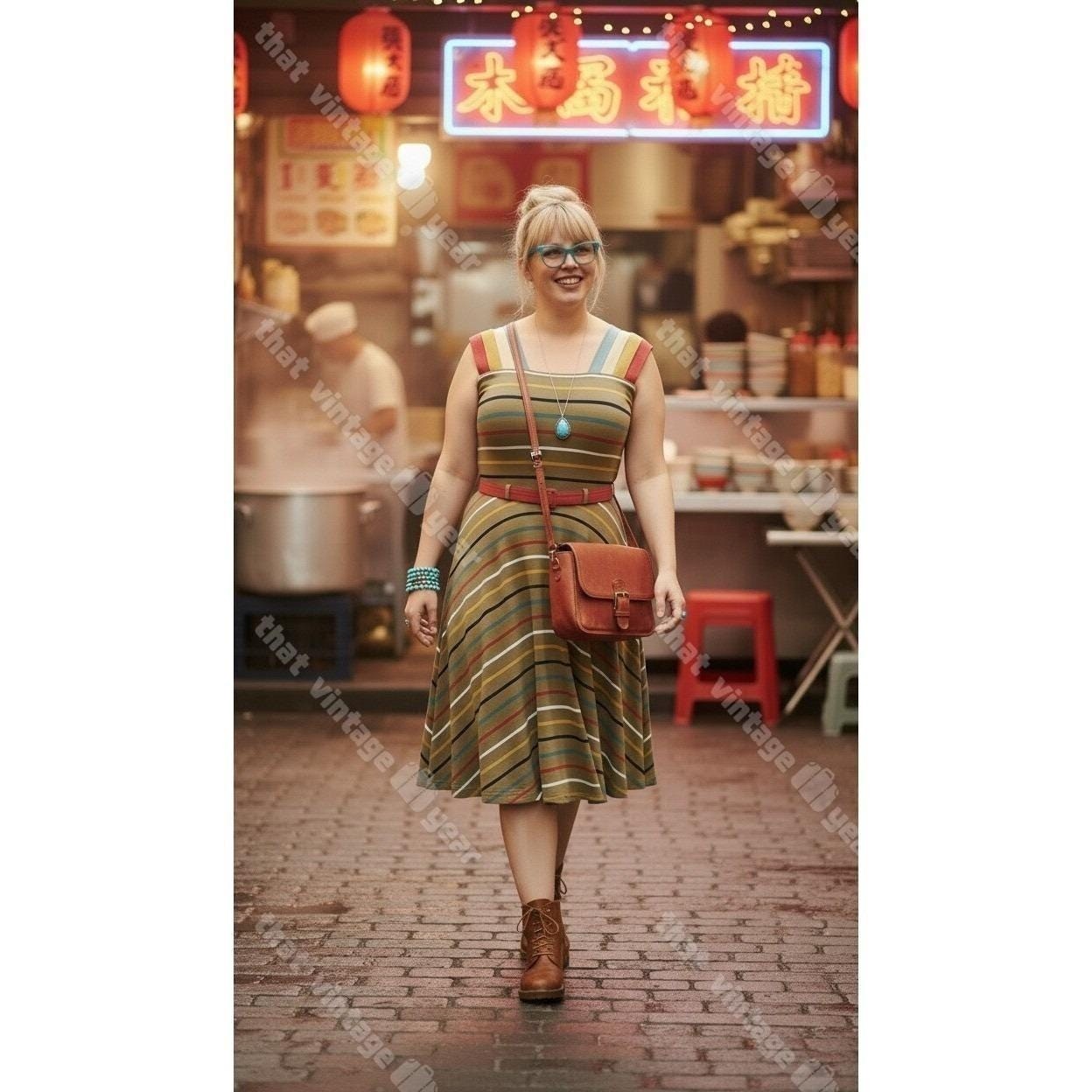 Effie’s Heart MODCLOTH Retro Pin Up Colores Flare Striped 70s Dress, Small