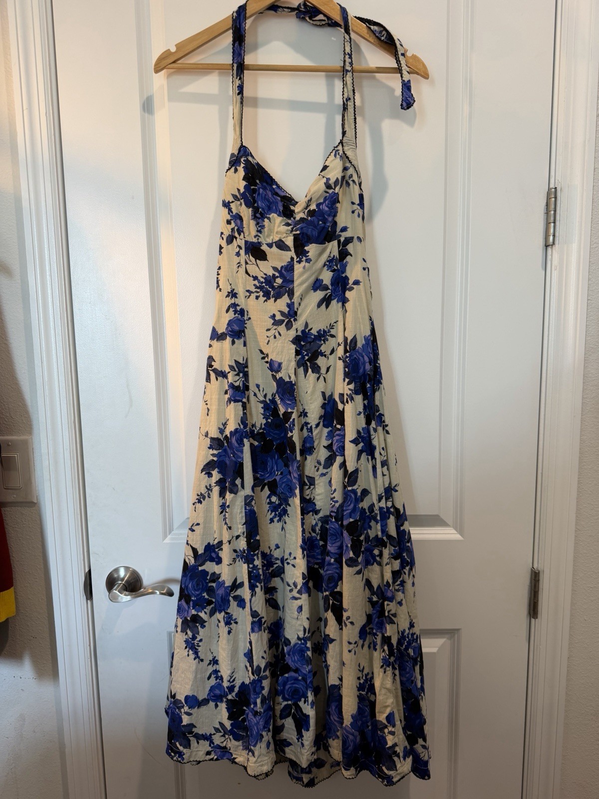 Eucalyptus Blue Floral Halter Maxi Dress 100% Cotton Women’s Small