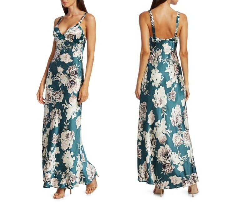 BLACK IRIS ‘Tommie’ Bouquet Floral Print V-Neck Silk Column Slip Maxi Dress, 2