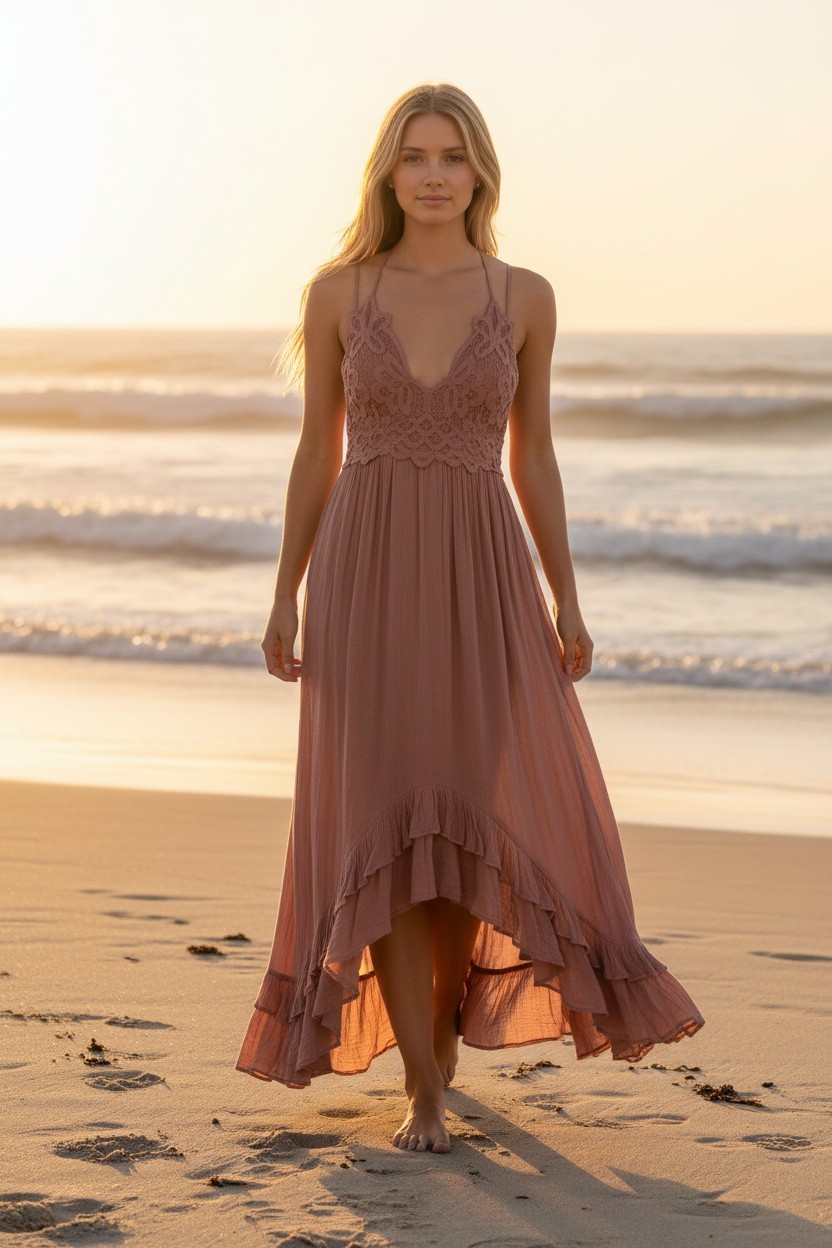 Free People Flowy Strappy Maxi Dress XS Dusty Rose Boho Festival Ethereal Fairy
