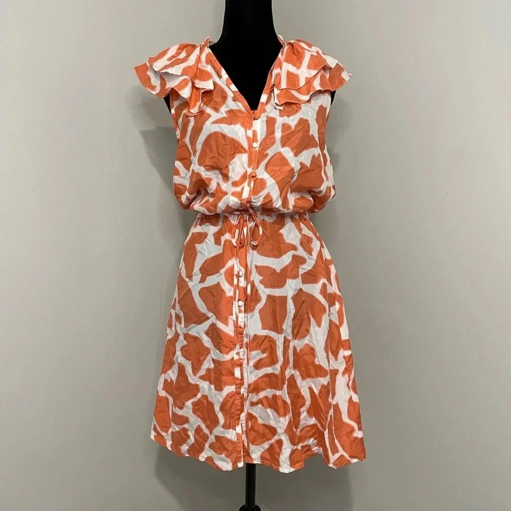 Ann Taylor Loft 100% Silk Coral and White Geometric Ruffle Sleeve Mini Dress