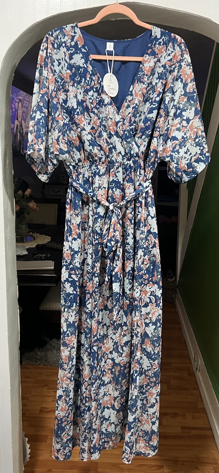 Anrabess XL Rose Floral Chiffon Half Sleeve Kaftan Party Dress Maxi Slit