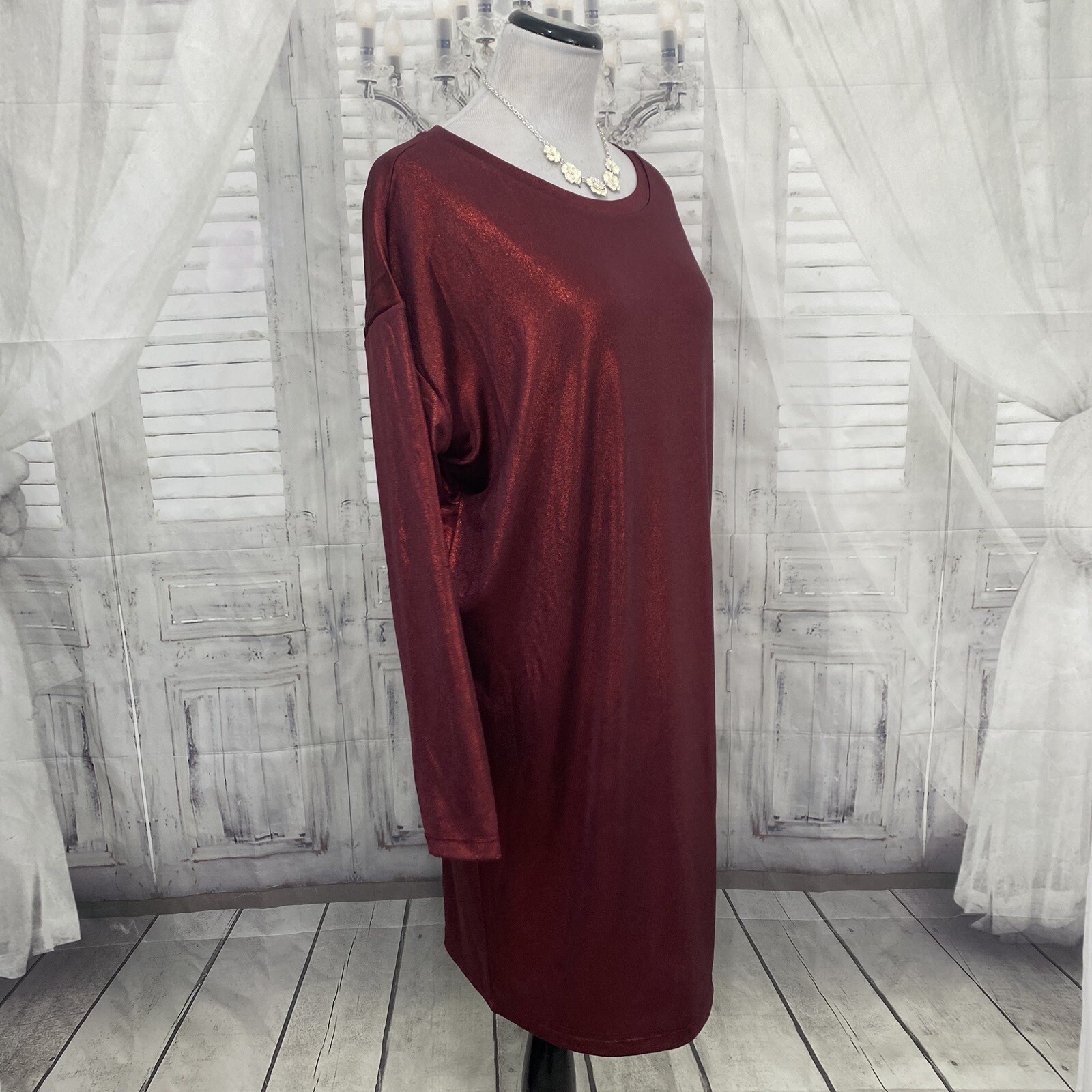 Ralph Lauren Large Solid Burgundy Red Shimmer Jersey Shift Dress Oversized B33