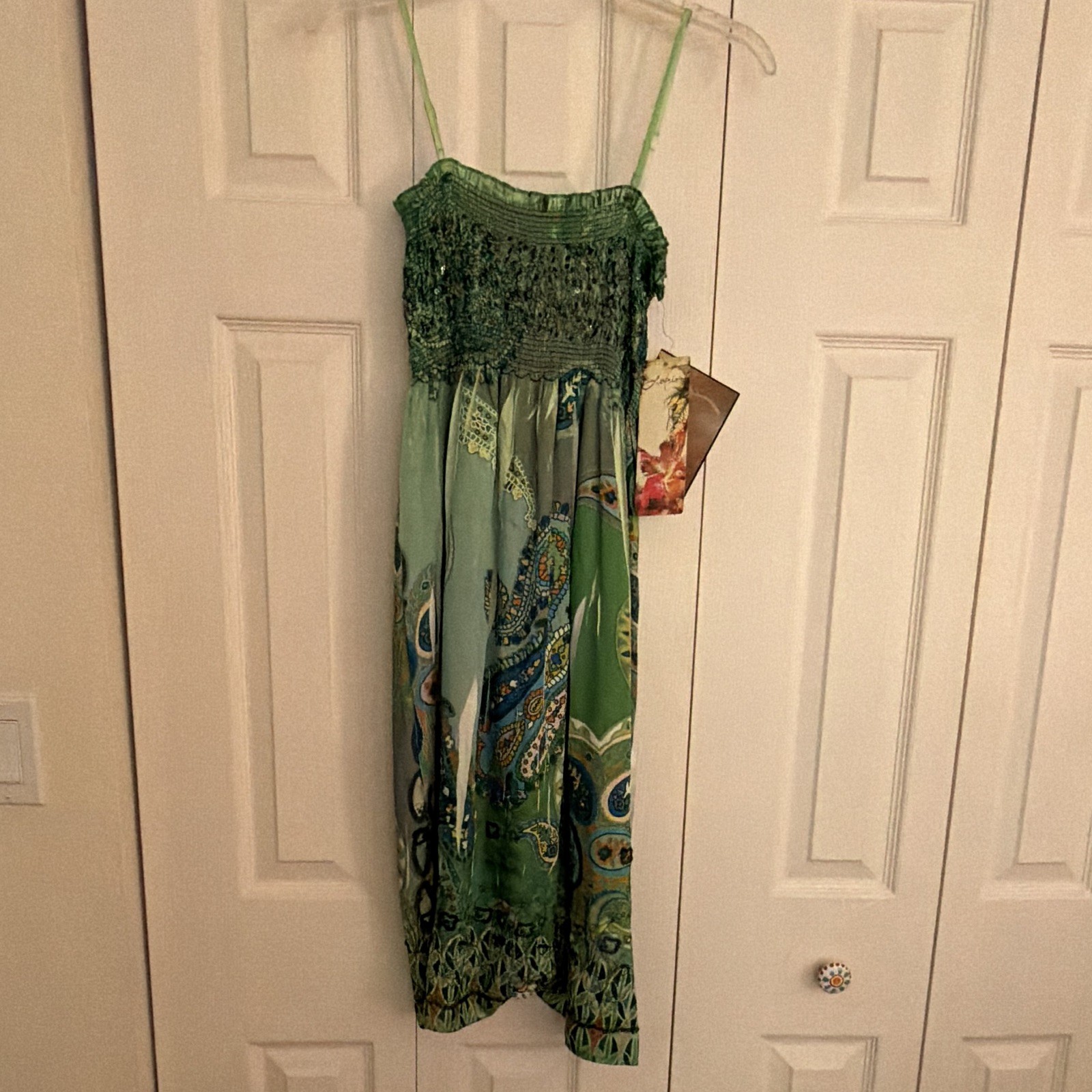 Lapis Green Paisley Smocked Beaded Sequin Square Neck Strappy Maxi Dress M