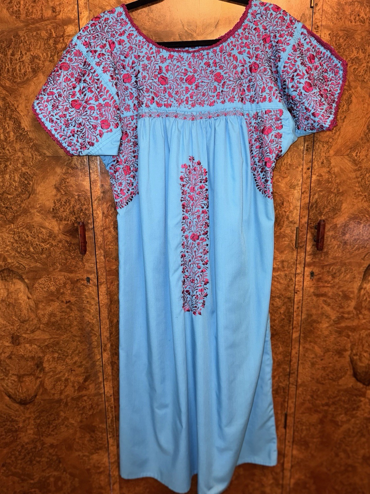 San Antonio Oaxacha Mexico Dress 100% Cotton XL Blue w Rapsberry