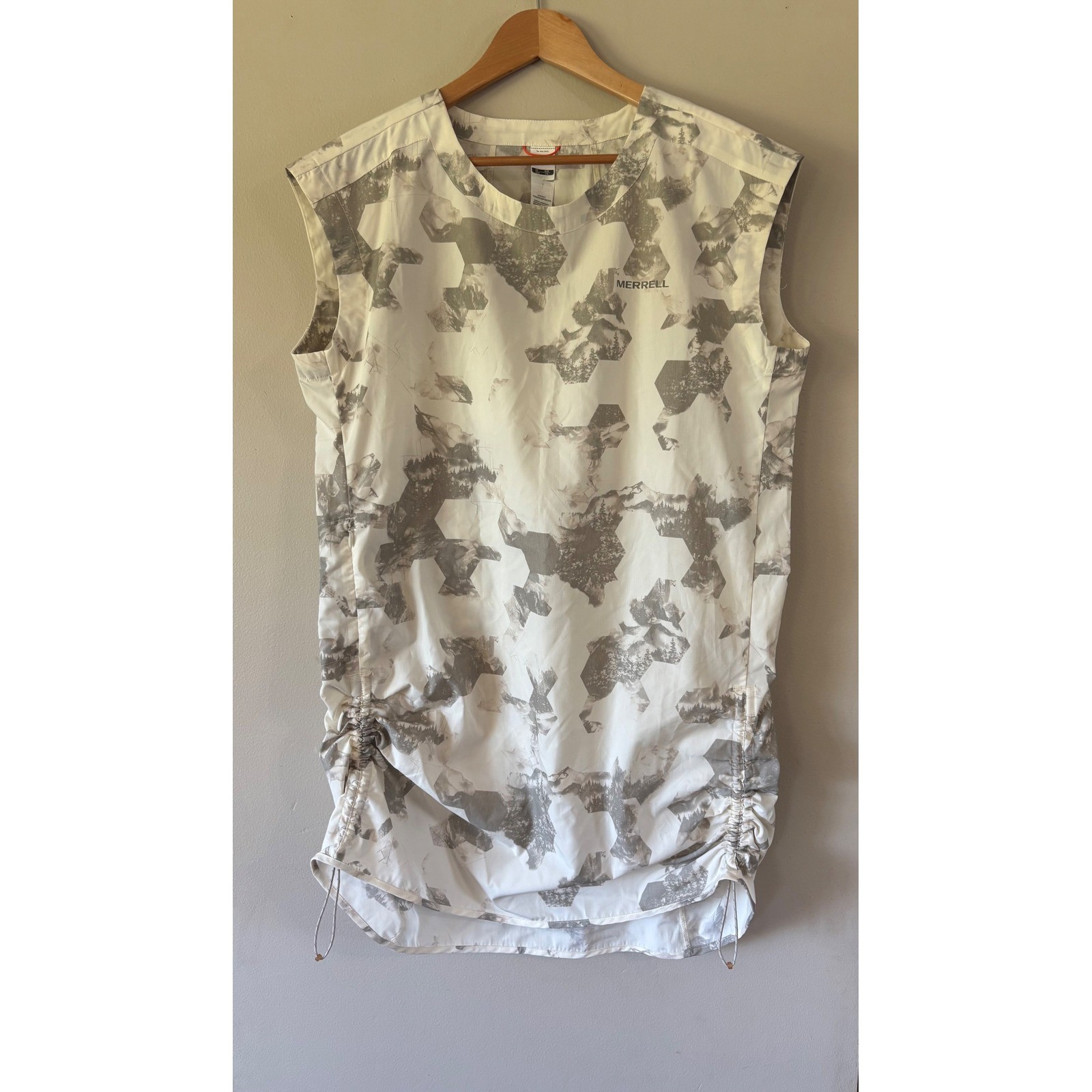 Merrell Womens Mountain Print Sleeveless Hiking Dress White Grey Ruched Sides M