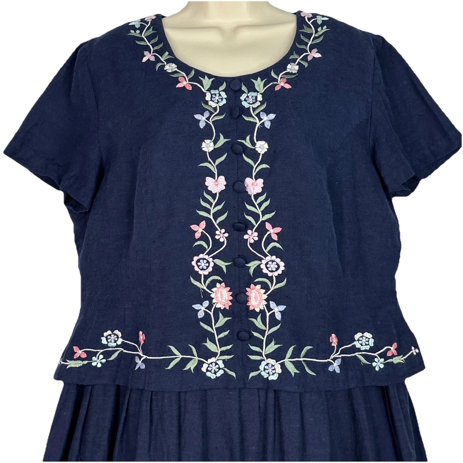 Vintage 80s Karin Stevens Floral Embroidered Midi Dress Boho 16 Navy Linen Blend
