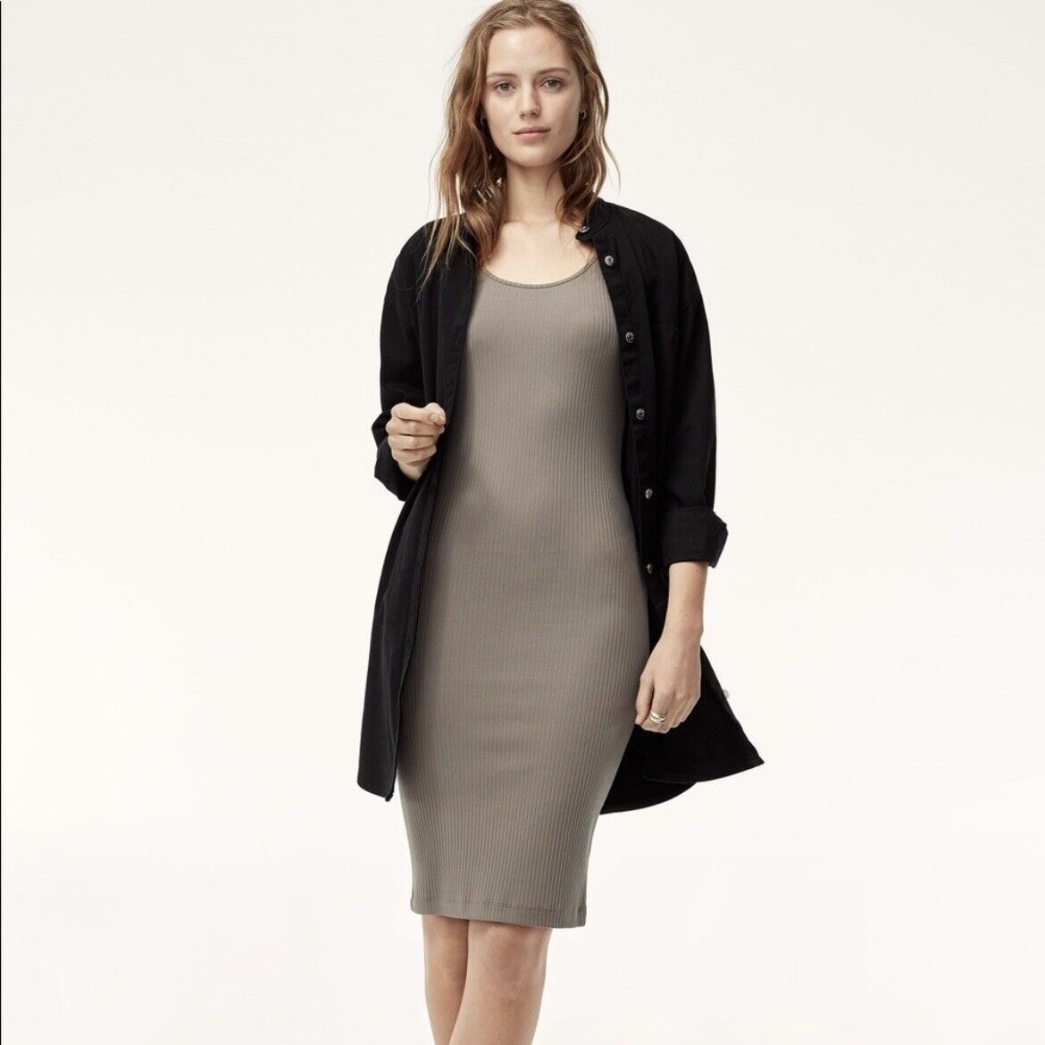 Wilfred Free Aritzia Murdock Midi Dress XS Ribbed Knit Taupe Sleeveless Bodycon