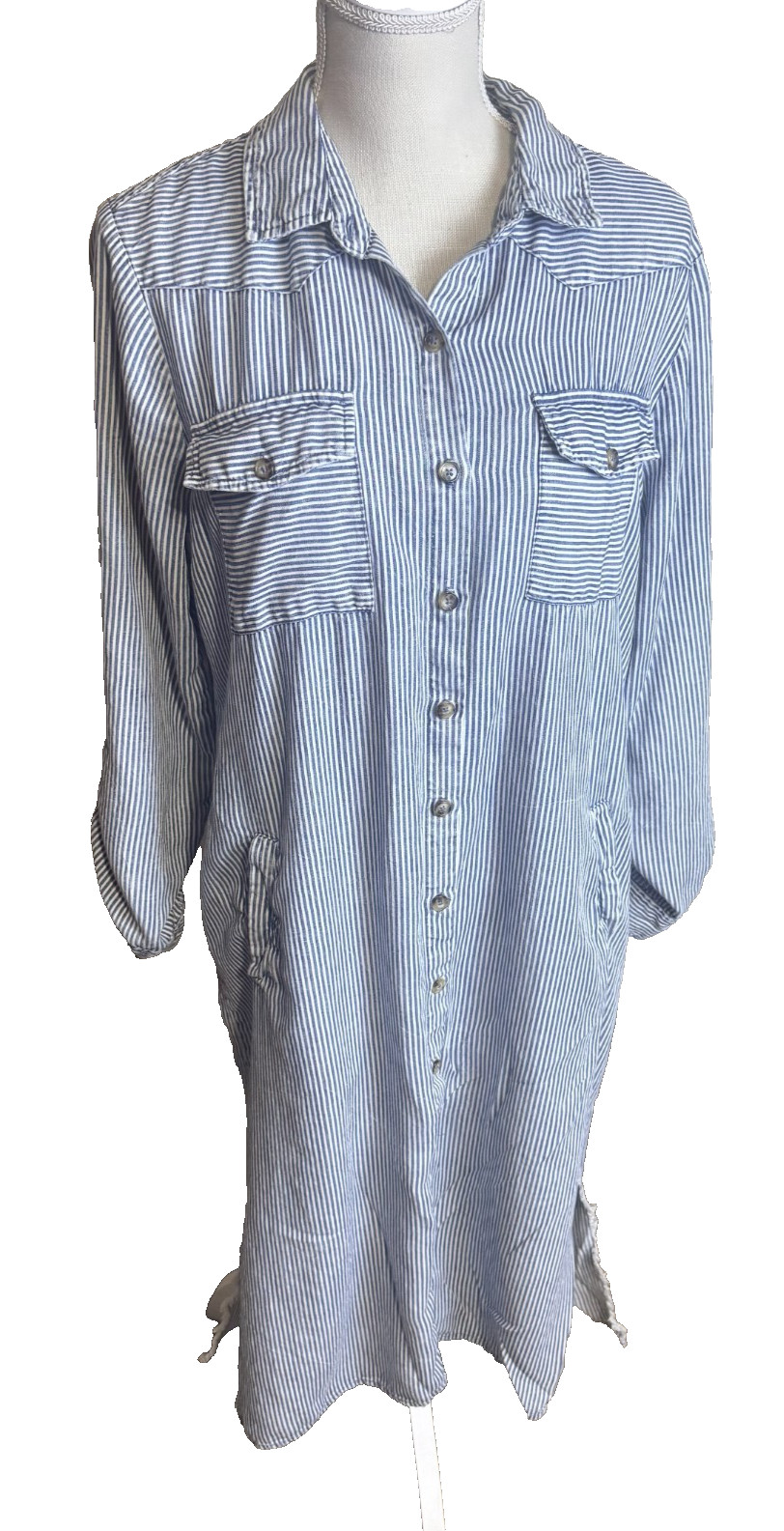 Billy T Blue striped Shirt Dress midi chambray Lyocell M western coastal cowgirl