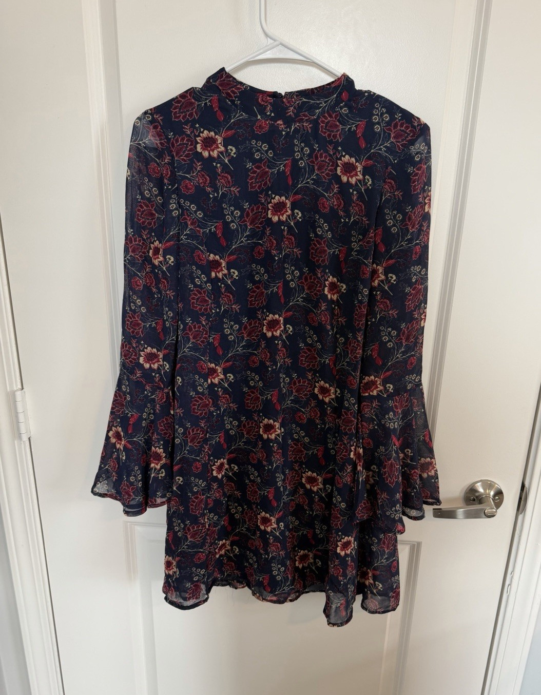Speechless Navy Red Floral Chiffon Shift Dress Long Bell Sleeve Round Neck Large