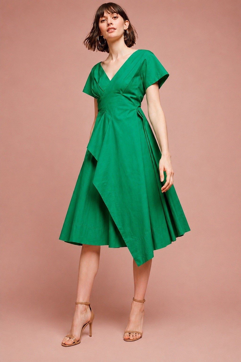 Maeve Anthropologie Green Cotton Faux Wrap Midi Dress V Neck Fit Flare Sz 8