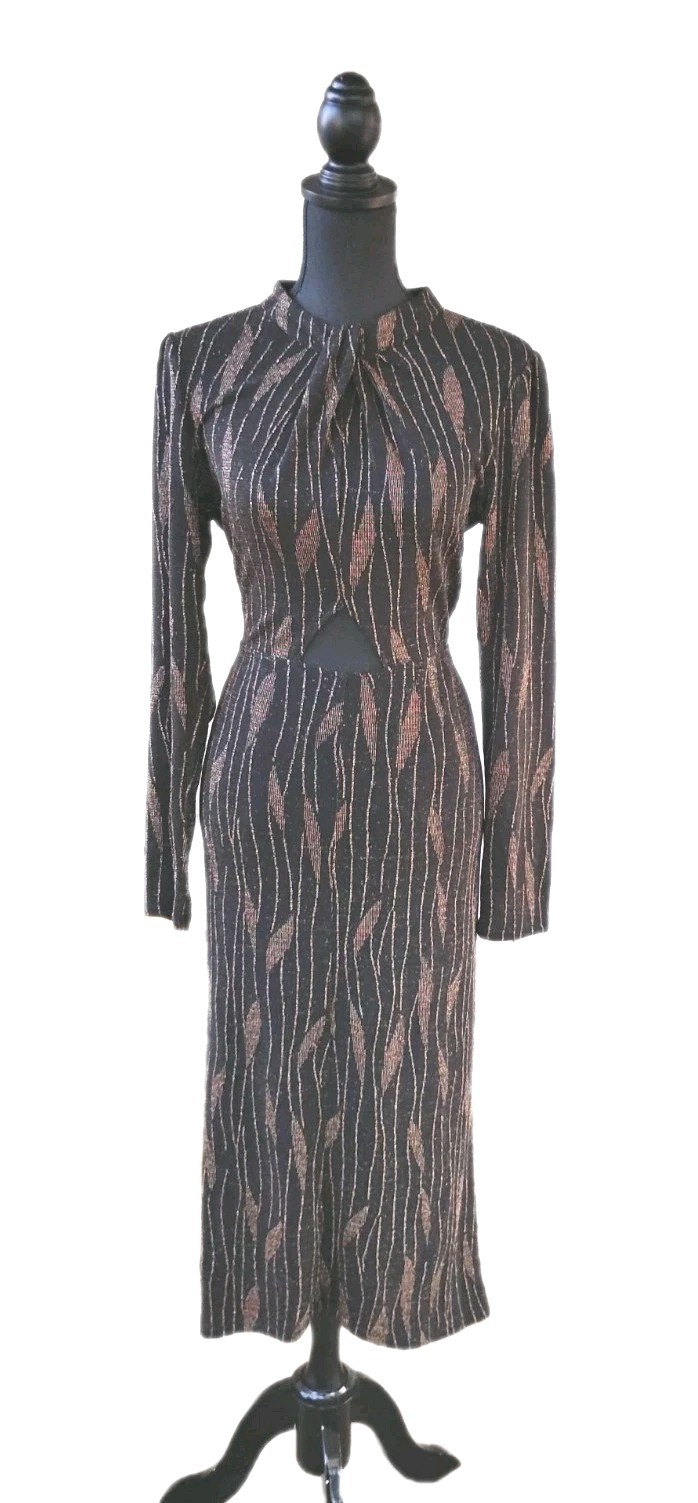 Eclair Knit Dress L Black Gold Evening Red Midi Pep Hole Twisted High Neck 12 14