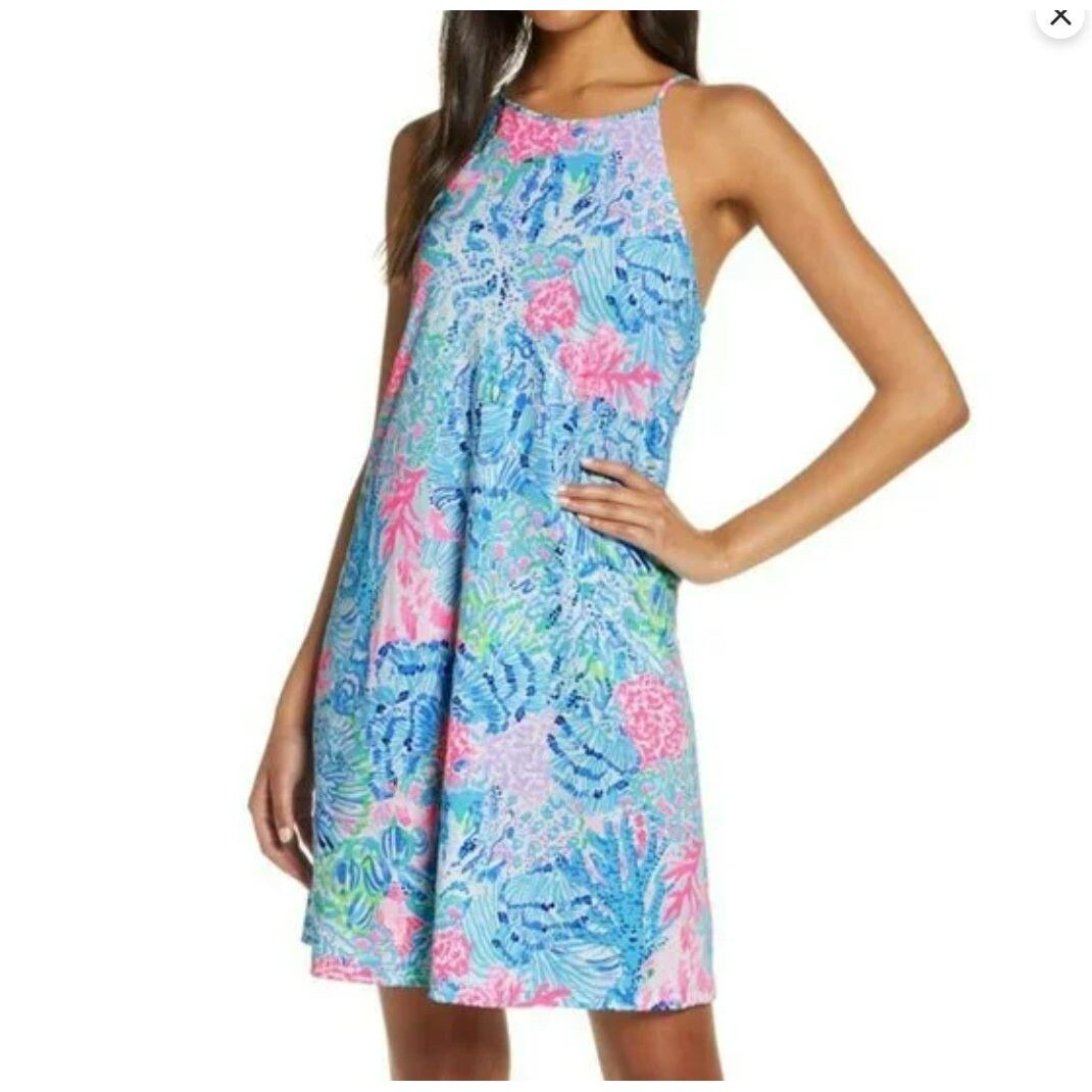 Lilly Pulitzer Dress Womens XS Blue Marlowe Tropical Pima Cotton Swing 002287