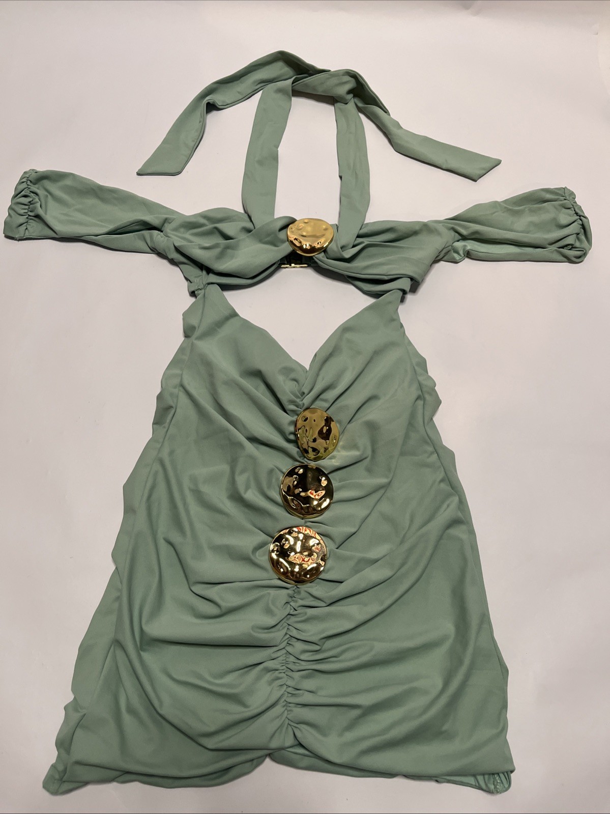 NWOT Outcast Amayan Mini Dress in Sage Gold Pins Halter Dress Size XS