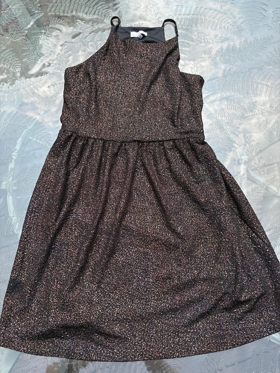 Candie’s Womens Sleeveless Black and Copper Glitter Metallic Party Mini Dress